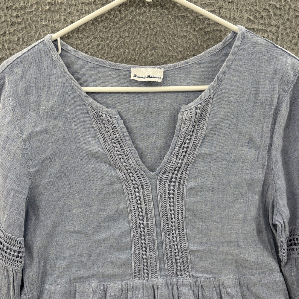 Tommy‎ Bahama Dress Womens Small Blue Linen Blend Eyelet Lace Embroidered V-Neck